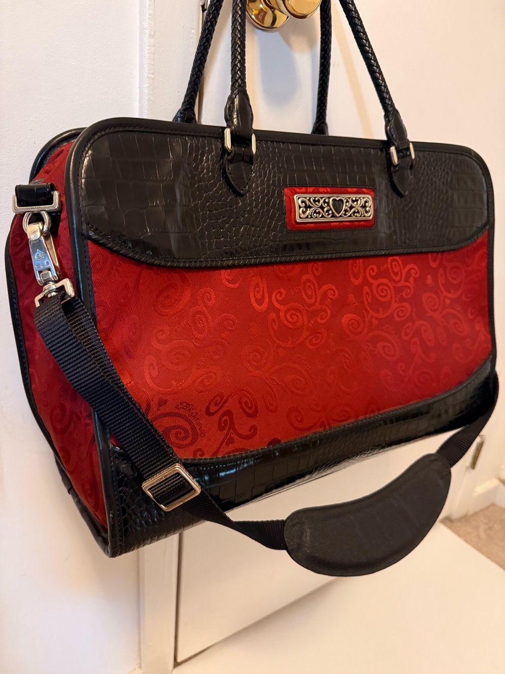 Brighton Ruby Red Jacquard Croc Leather Weekender Travel Bag Carry-On Elegant - Picture 4 of 15